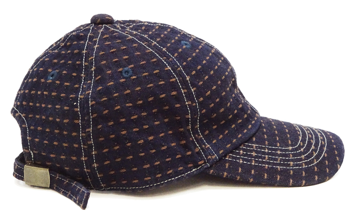 Studio D'Artisan Men's Indigo Denim Baseball Cap with Persimmon-Dyed Sashiko Stitching, Non-Mesh, Pre-Curved Visor, Adjustable Strapback - Made in Japan (SDA D7578)