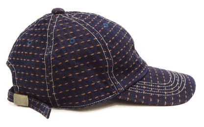 Studio D'Artisan Men's Indigo Denim Baseball Cap with Persimmon-Dyed Sashiko Stitching, Non-Mesh, Pre-Curved Visor, Adjustable Strapback - Made in Japan (SDA D7578)