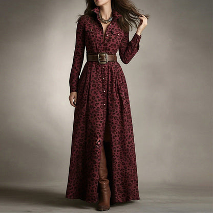 Women's Printed Lapel Slim-Fit Dress – Elegant Commuter Style