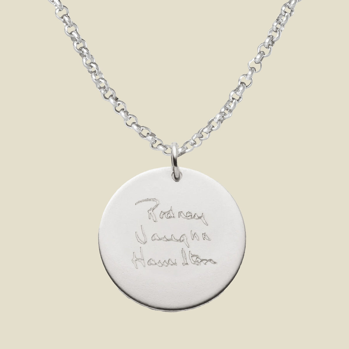 Engraved Handwriting Rolo Disc Necklace
