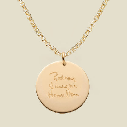 Engraved Handwriting Rolo Disc Necklace