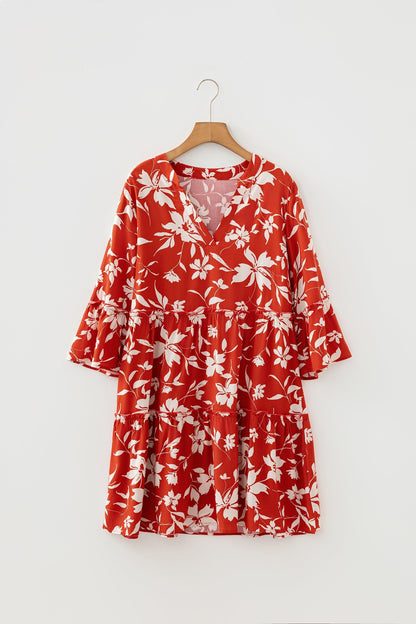 Blue Boho Floral Print Lettuce Trim 3/4 Sleeve Mini Dress