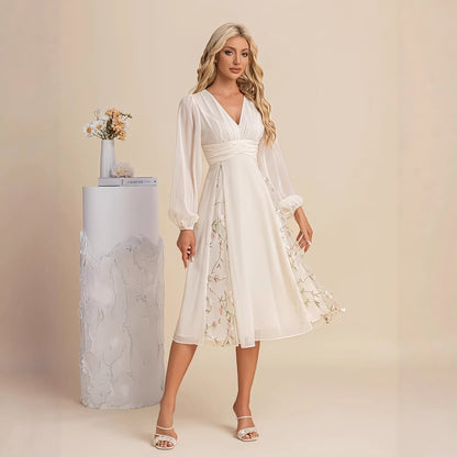 Floral Long Sleeve V-Neck Pleated Midi Dress – High Waist Flared Hem