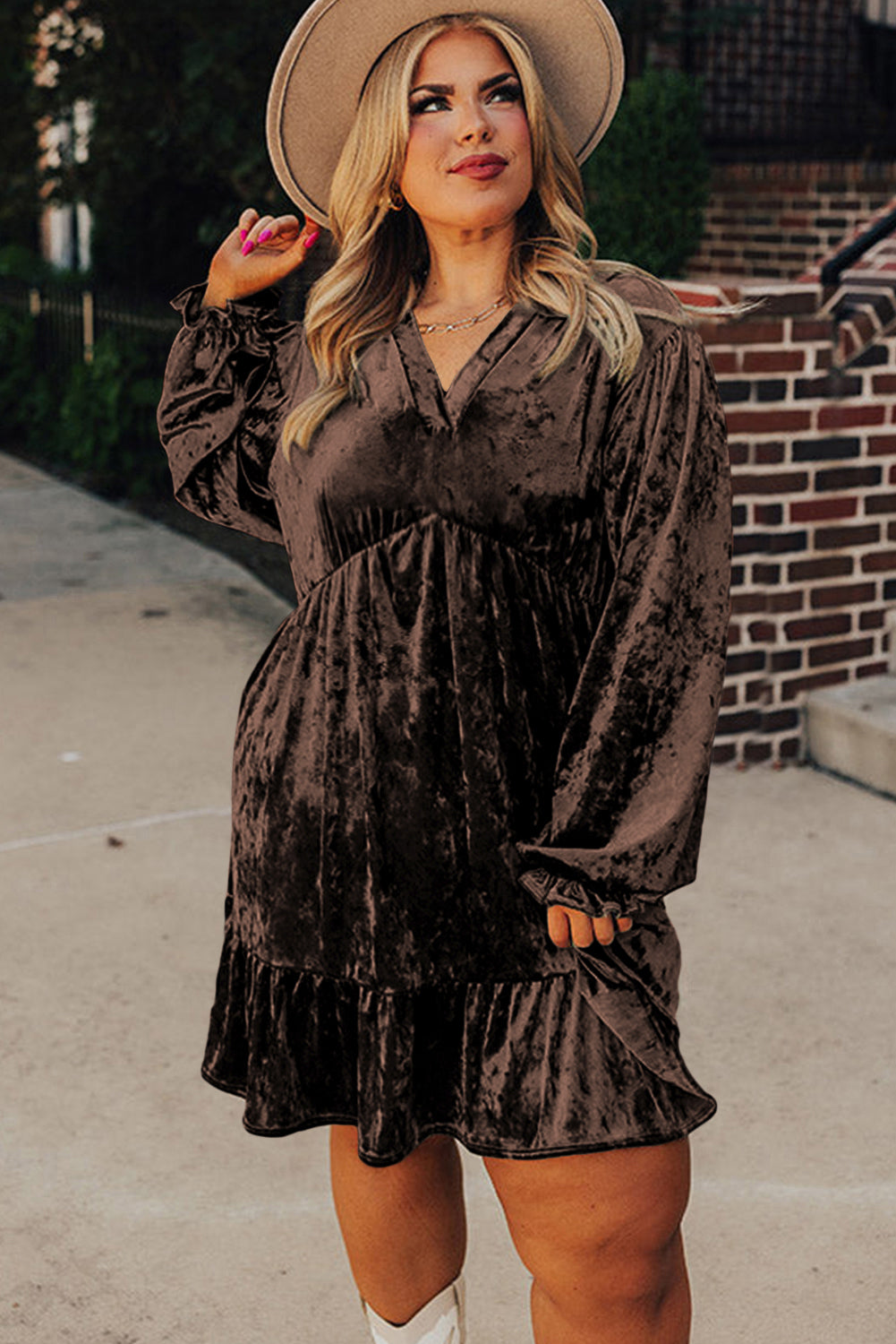 Jungle Green Plus Size Velvet Babydoll Mini Dress