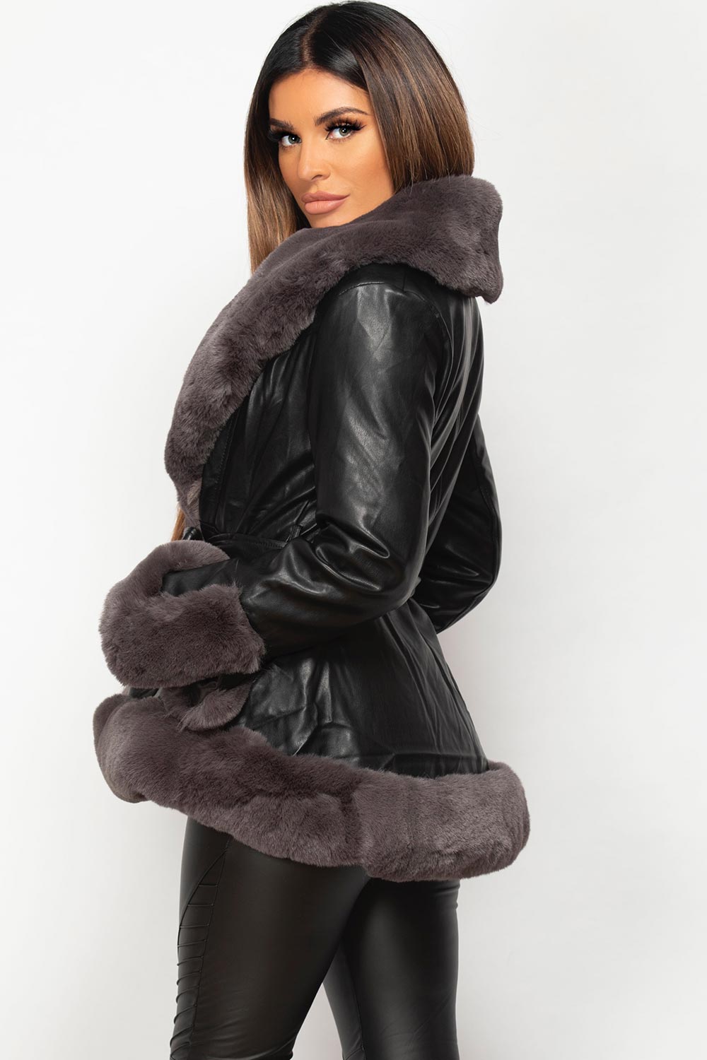 Black Faux Leather Faux Fur Belted Jacket