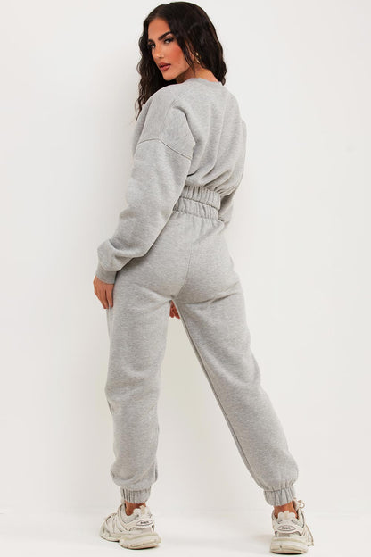 Crop Sweatshirt And Joggers Tracksuit Grey