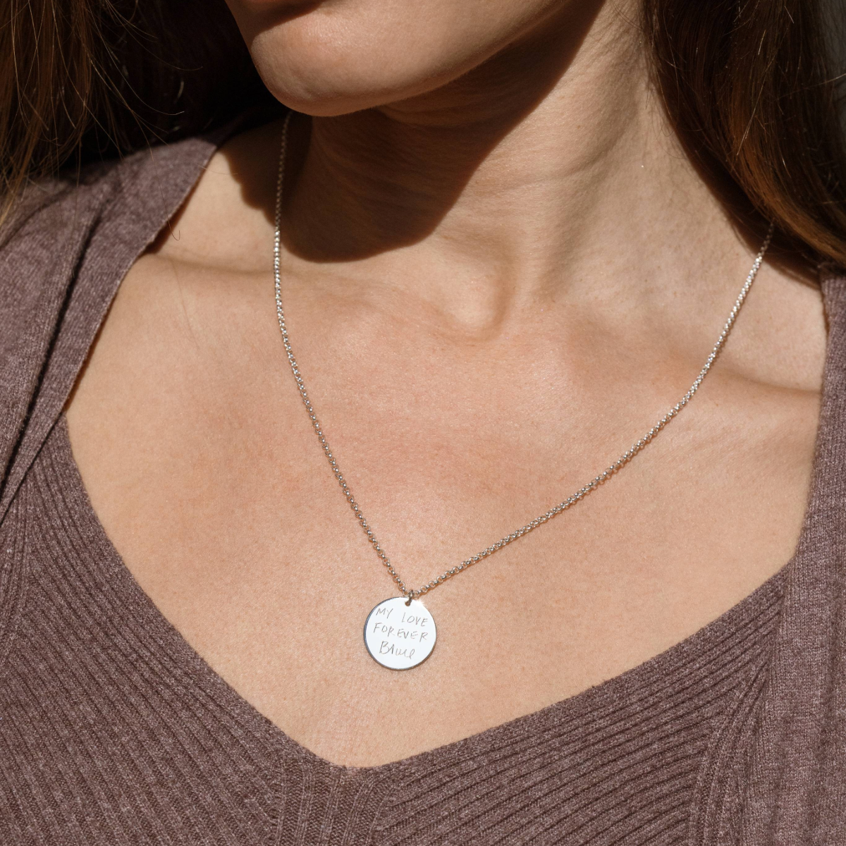 Engraved Handwriting Rolo Disc Necklace