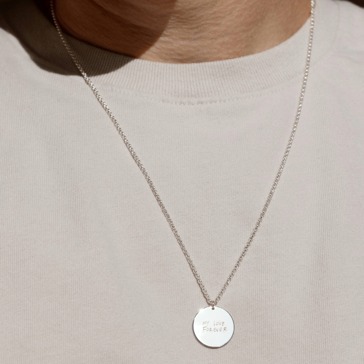 Engraved Handwriting Rolo Disc Necklace