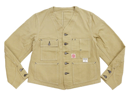 HEADLIGHT Men's 10oz. Random Herringbone Twill Engineer Jacket, Beige Collarless Work Jacket, Made in Japan (HD15909 401A One Wash)