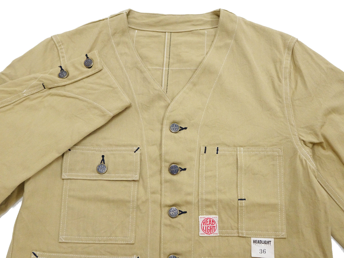 HEADLIGHT Men's 10oz. Random Herringbone Twill Engineer Jacket, Beige Collarless Work Jacket, Made in Japan (HD15909 401A One Wash)