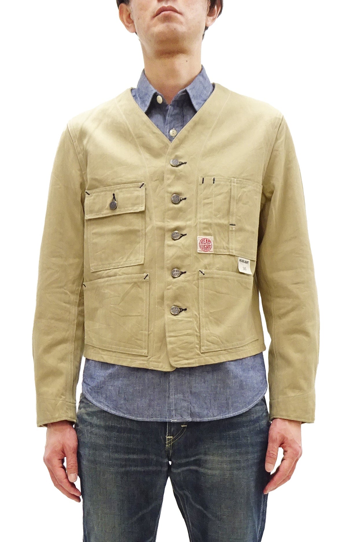 HEADLIGHT Men's 10oz. Random Herringbone Twill Engineer Jacket, Beige Collarless Work Jacket, Made in Japan (HD15909 401A One Wash)