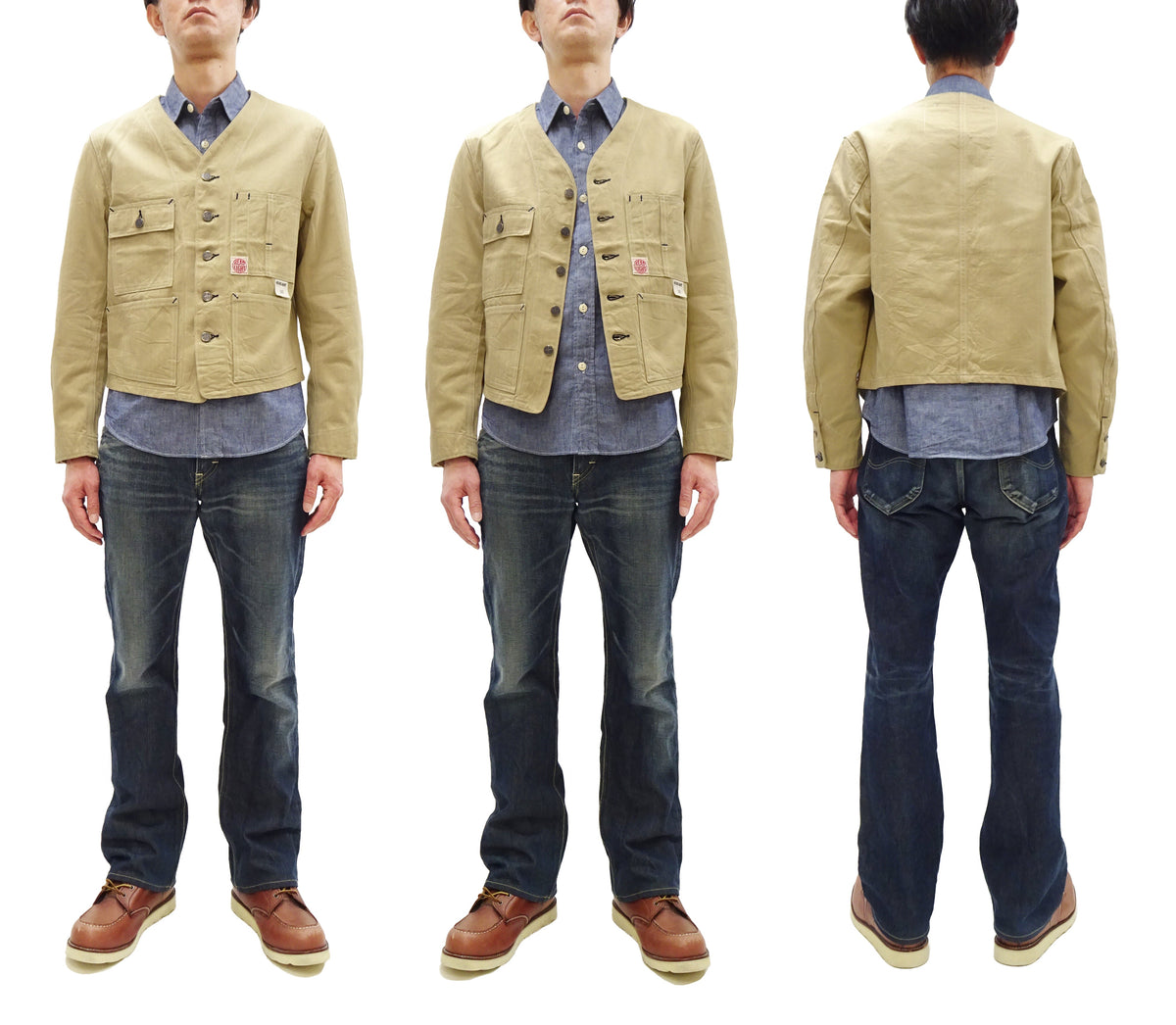 HEADLIGHT Men's 10oz. Random Herringbone Twill Engineer Jacket, Beige Collarless Work Jacket, Made in Japan (HD15909 401A One Wash)
