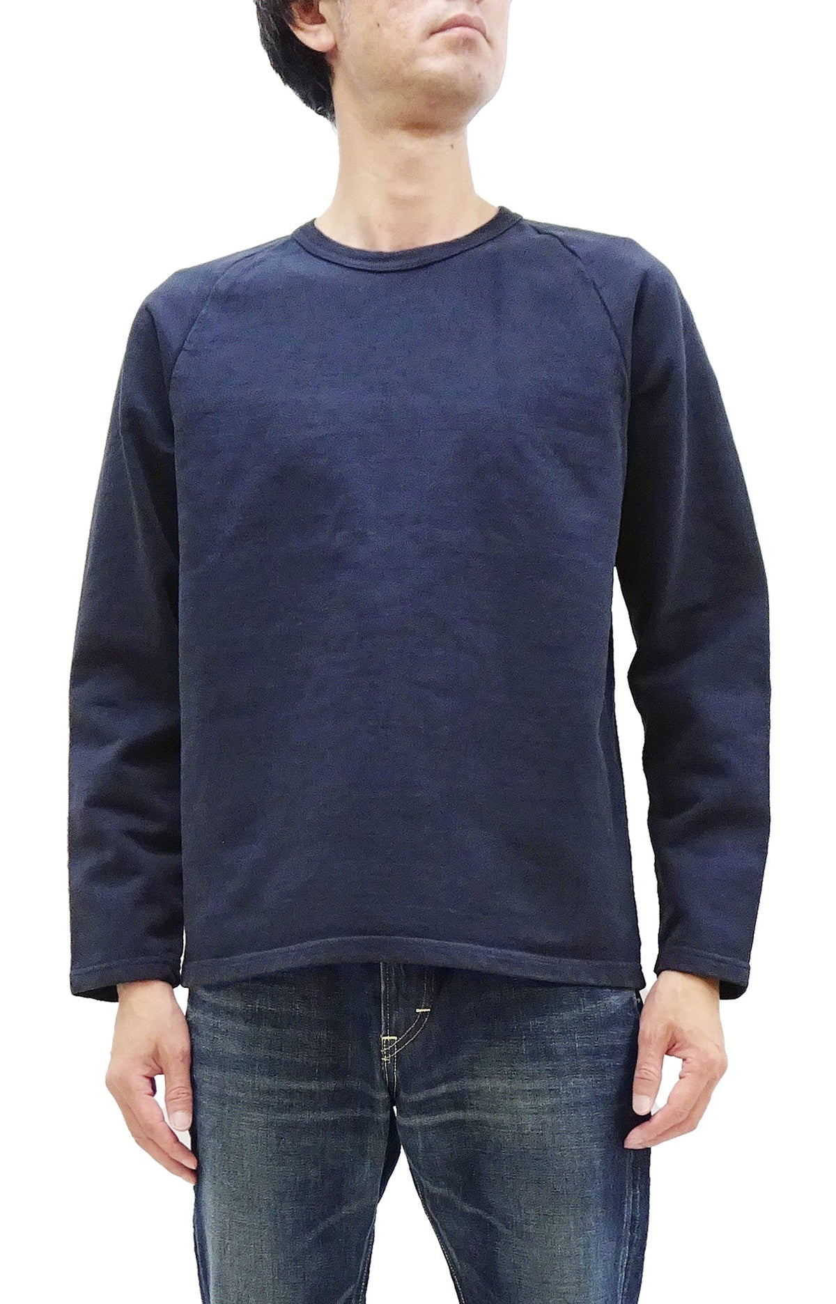 Japan Blue Jeans Long Sleeve French Terry T-Shirt Men's Casual Plain Crew-Neck Raglan-Sleeve Inlay Shirt JBKN1001 Navy-Blue