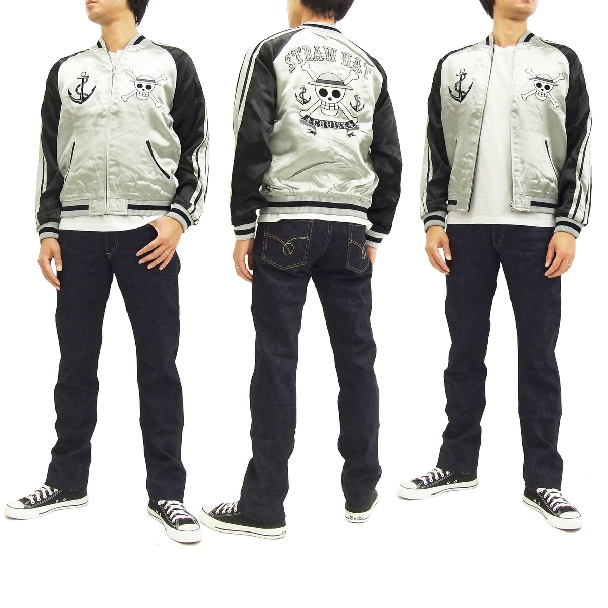 Hanatabi Gakudan Men's Japanese Souvenir Jacket Japanese ONE PIECE Sukajan Script OPSJ-001 Silver