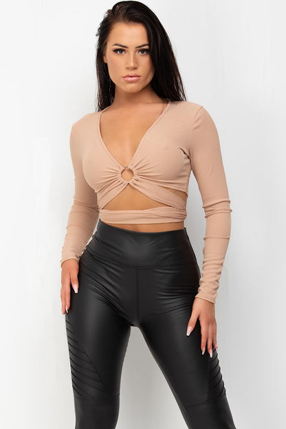 Cut Out Ring Detail Long Sleeve Crop Top Beige