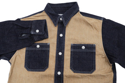 Kojima Genes Mixed Panel Shirt Men's Denim x Herringbone Long Sleeve Two Tone Button Up Shirt rnb282S RNB-282S Beige