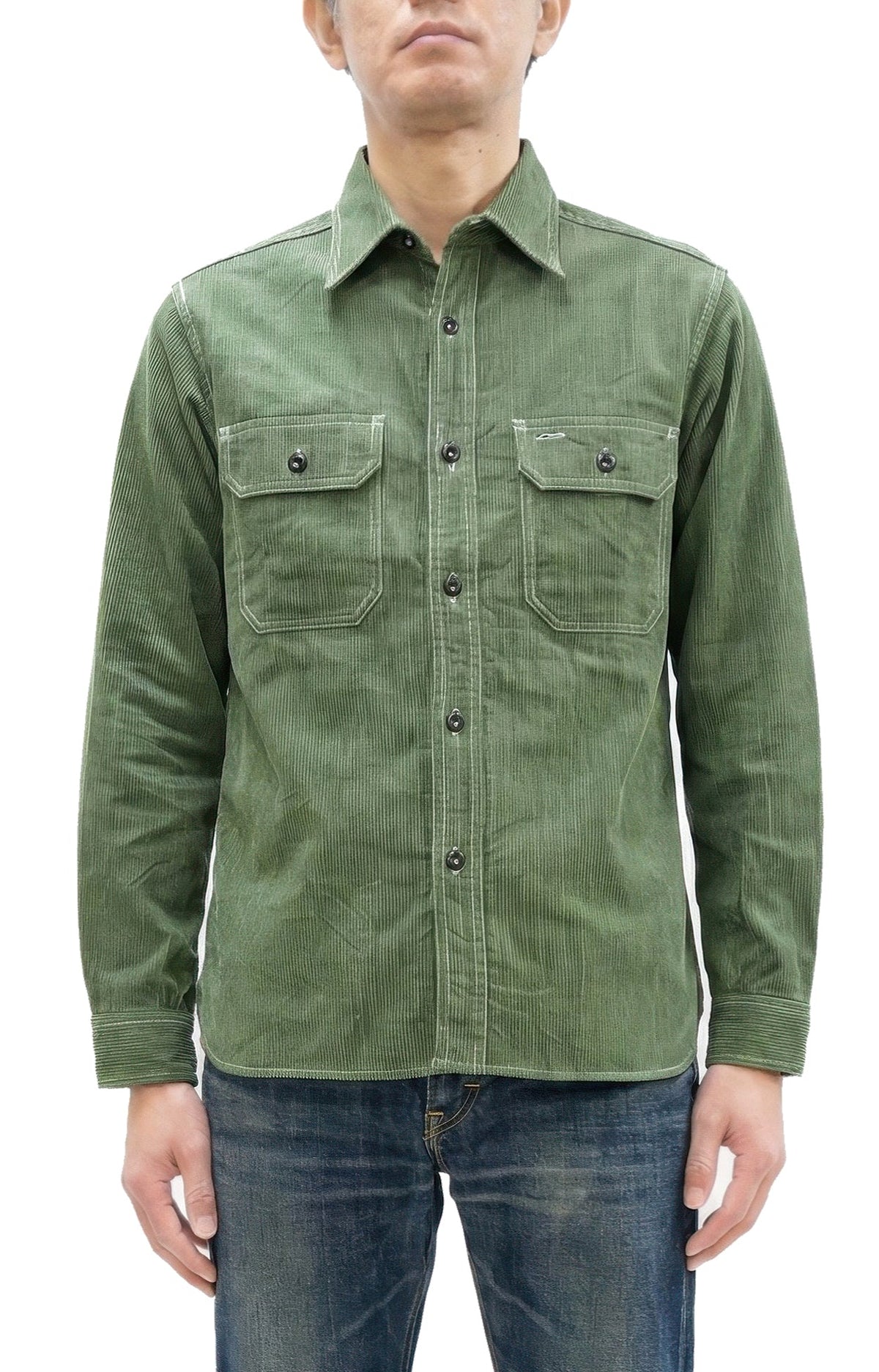 Sugar Cane Work Shirt with Vertical Hairline Code Stripe Pattern Men's Casual Jean Cord Long Sleeve Button Up Shirt SC25511 149 Olive
