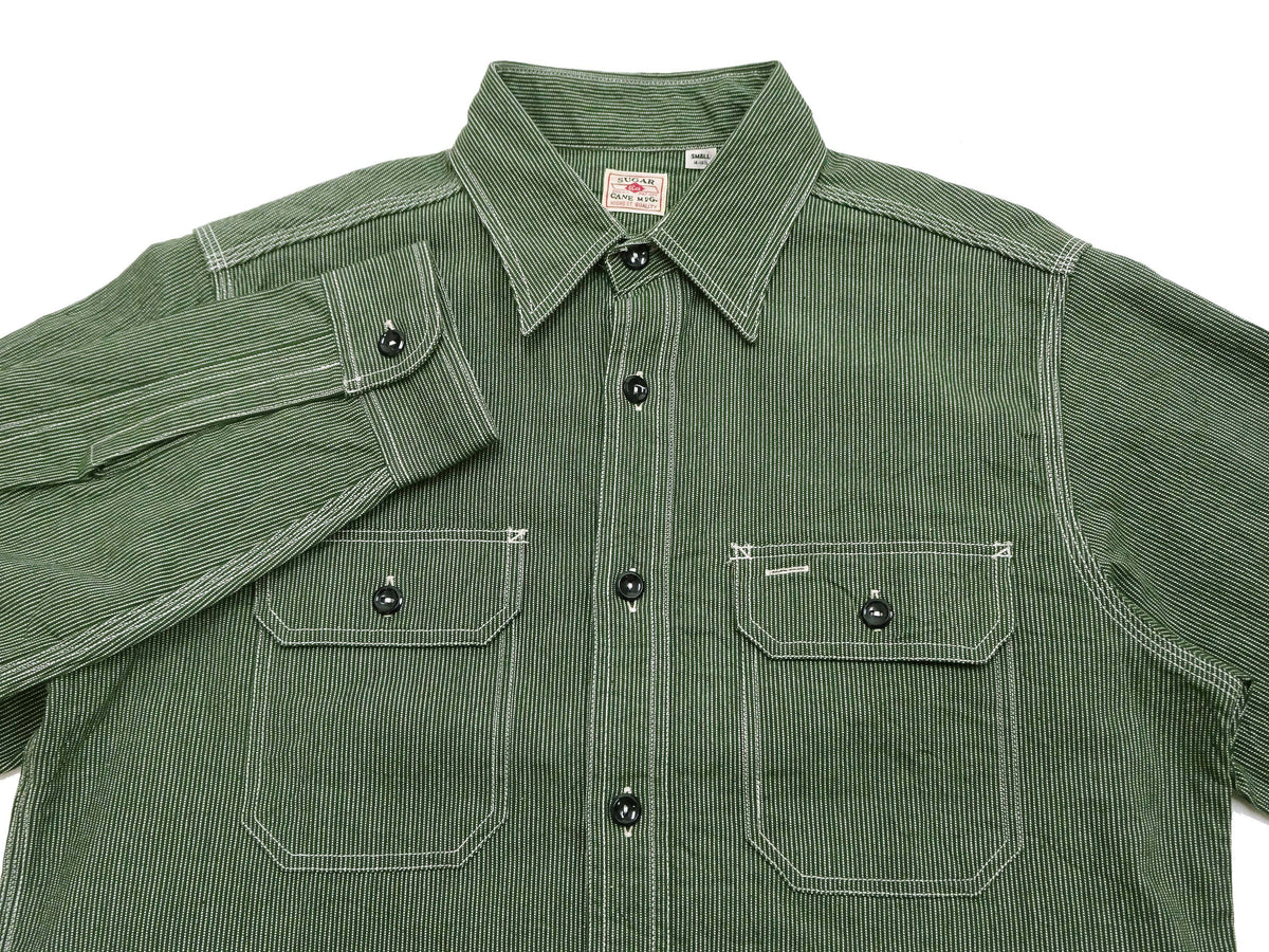 Sugar Cane Work Shirt with Vertical Hairline Code Stripe Pattern Men's Casual Jean Cord Long Sleeve Button Up Shirt SC25511 149 Olive