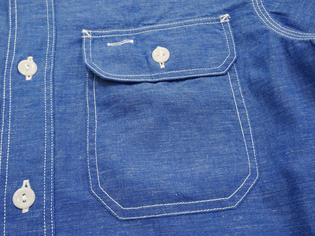 Sugar Cane Men's Long Sleeve VAT-Dyed Solid Chambray Work Shirt, Vintage-Inspired, One-Wash, Made in Japan (SC25513 125 Blue)