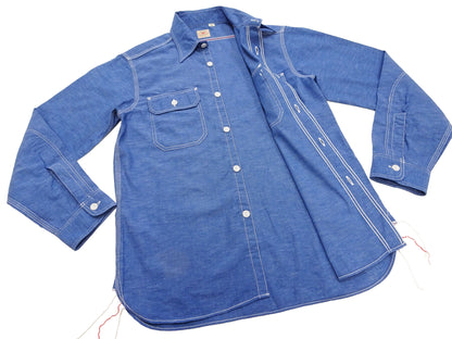 Sugar Cane Men's Long Sleeve VAT-Dyed Solid Chambray Work Shirt, Vintage-Inspired, One-Wash, Made in Japan (SC25513 125 Blue)