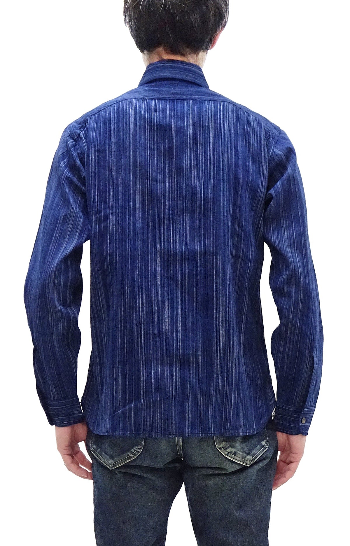 Sugar Cane Indigo Stripe Shirt Men's Japanese Kasuri Style Long Sleeve Button Up Work Shirt Fiction Romance SC29396 421A) Navy-Blue