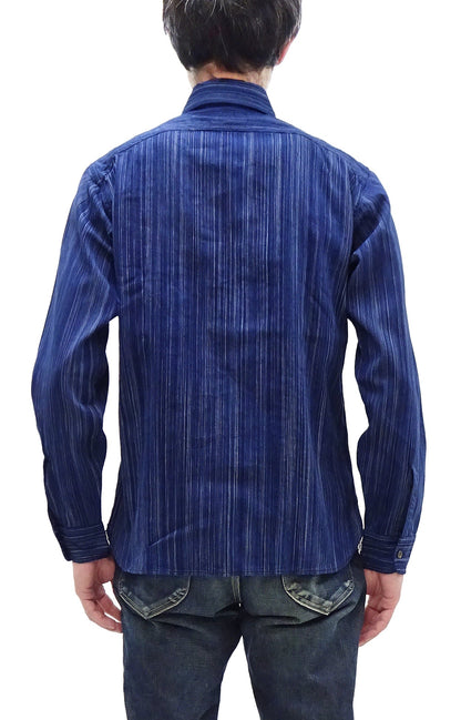 Sugar Cane Indigo Stripe Shirt Men's Japanese Kasuri Style Long Sleeve Button Up Work Shirt Fiction Romance SC29396 421A) Navy-Blue