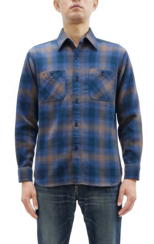 Sugar Cane Men's Long Sleeve Ombre Plaid Work Shirt - 100% Cotton Twill, One-Wash, Made in Japan (SC29561 125 Blue)