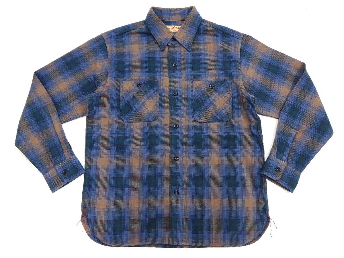 Sugar Cane Men's Long Sleeve Ombre Plaid Work Shirt - 100% Cotton Twill, One-Wash, Made in Japan (SC29561 125 Blue)