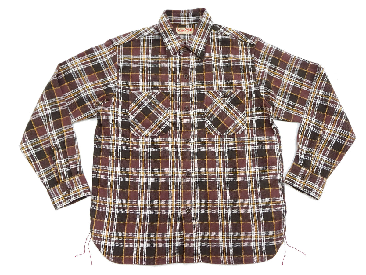 Sugar Cane Men's Long Sleeve Plaid Work Shirt - 100% Cotton Twill, One-Wash, Made in Japan (SC29564 138 Brown)