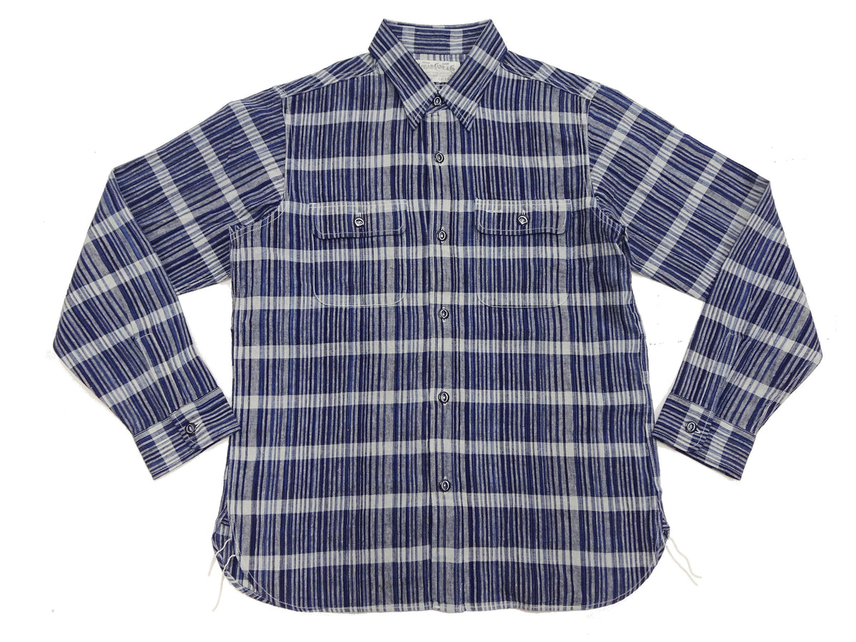 Sugar Cane Men's Indigo Plaid Long-Sleeve Work Shirt - Fiction Romance Collection - 100% Cotton, Inspired by Traditional Japanese Kimono Fabric, Made in Japan (SC29591 421A Navy)