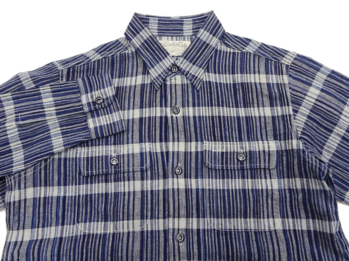 Sugar Cane Men's Indigo Plaid Long-Sleeve Work Shirt - Fiction Romance Collection - 100% Cotton, Inspired by Traditional Japanese Kimono Fabric, Made in Japan (SC29591 421A Navy)
