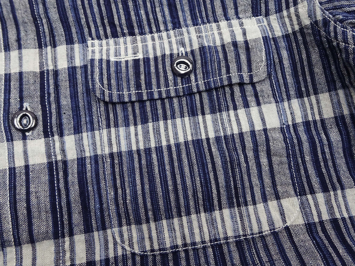 Sugar Cane Men's Indigo Plaid Long-Sleeve Work Shirt - Fiction Romance Collection - 100% Cotton, Inspired by Traditional Japanese Kimono Fabric, Made in Japan (SC29591 421A Navy)