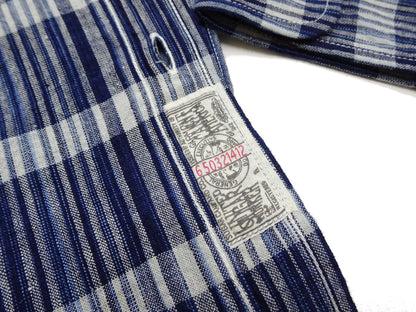 Sugar Cane Men's Indigo Plaid Long-Sleeve Work Shirt - Fiction Romance Collection - 100% Cotton, Inspired by Traditional Japanese Kimono Fabric, Made in Japan (SC29591 421A Navy)