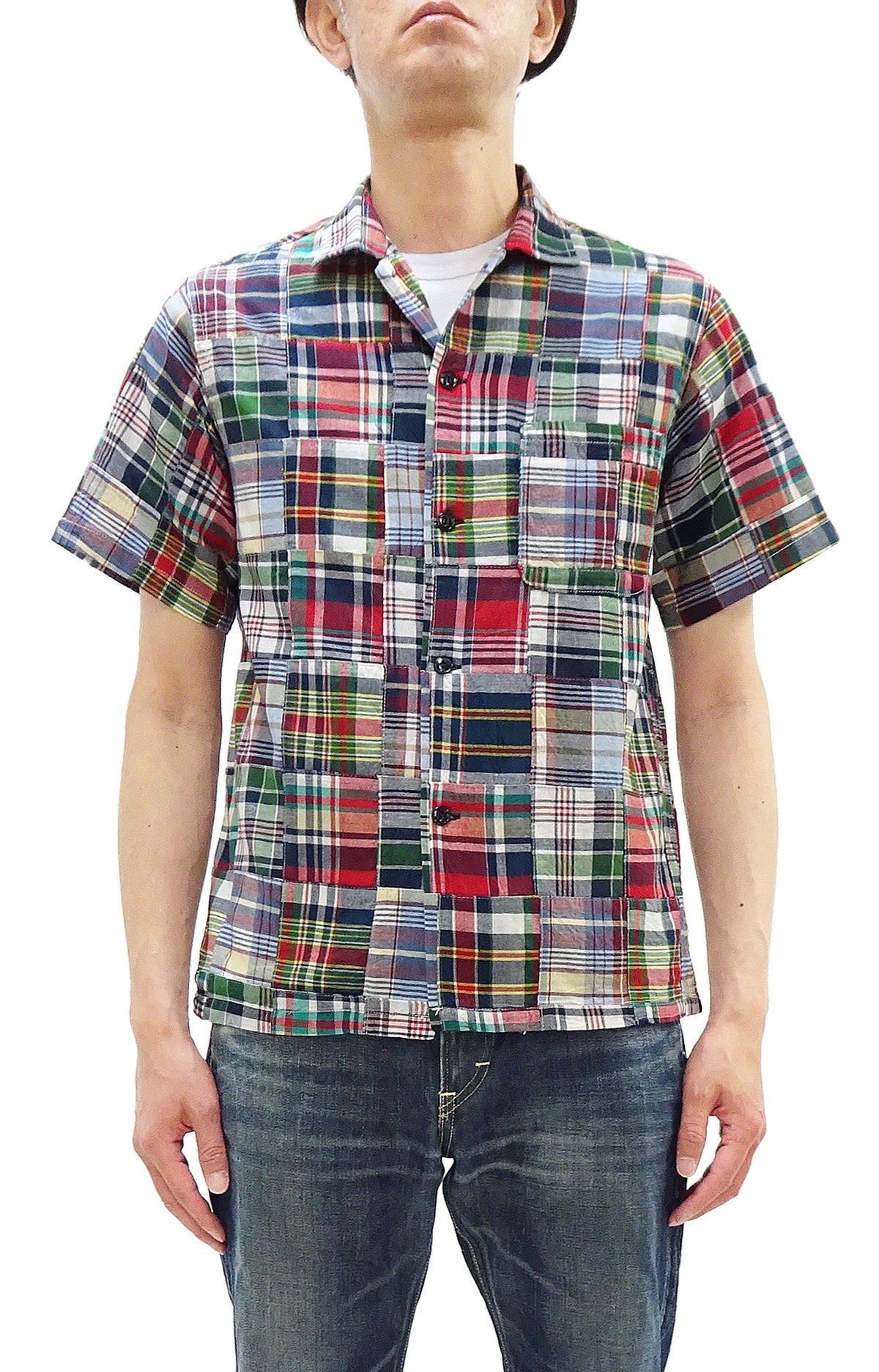 Sugar Cane Men's Madras Plaid Patchwork Open-Collar Camp Shirt - Short Sleeve - One Wash - Made in Japan (SC39739 165 Red)