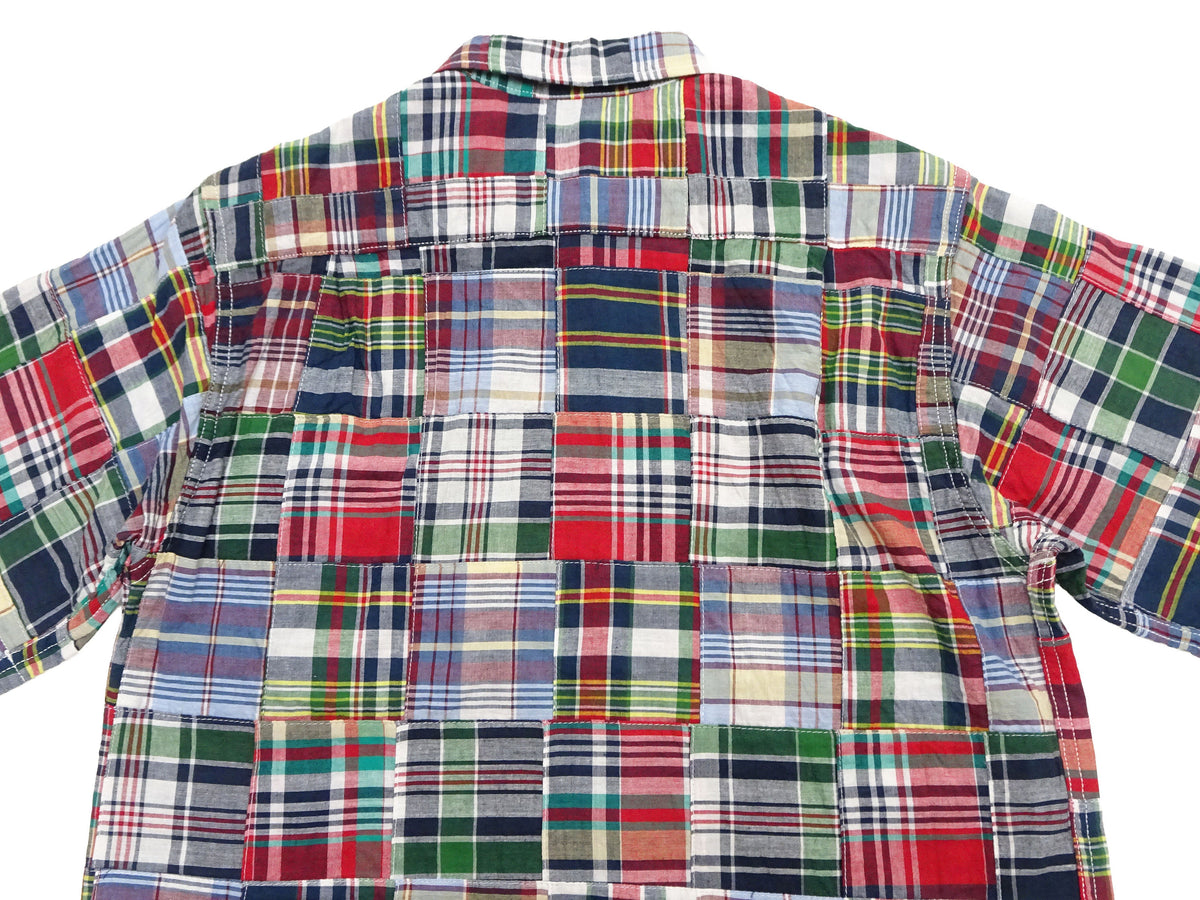 Sugar Cane Men's Madras Plaid Patchwork Open-Collar Camp Shirt - Short Sleeve - One Wash - Made in Japan (SC39739 165 Red)