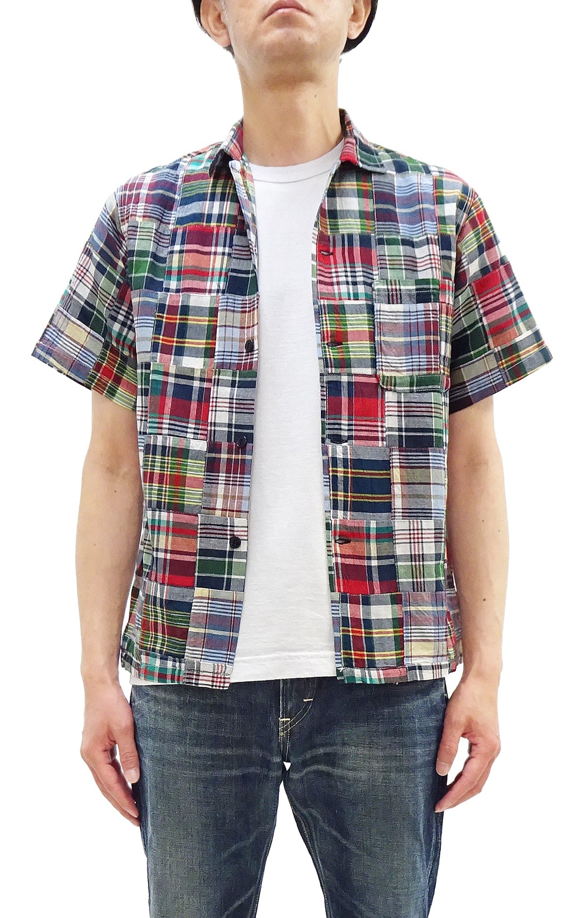 Sugar Cane Men's Madras Plaid Patchwork Open-Collar Camp Shirt - Short Sleeve - One Wash - Made in Japan (SC39739 165 Red)