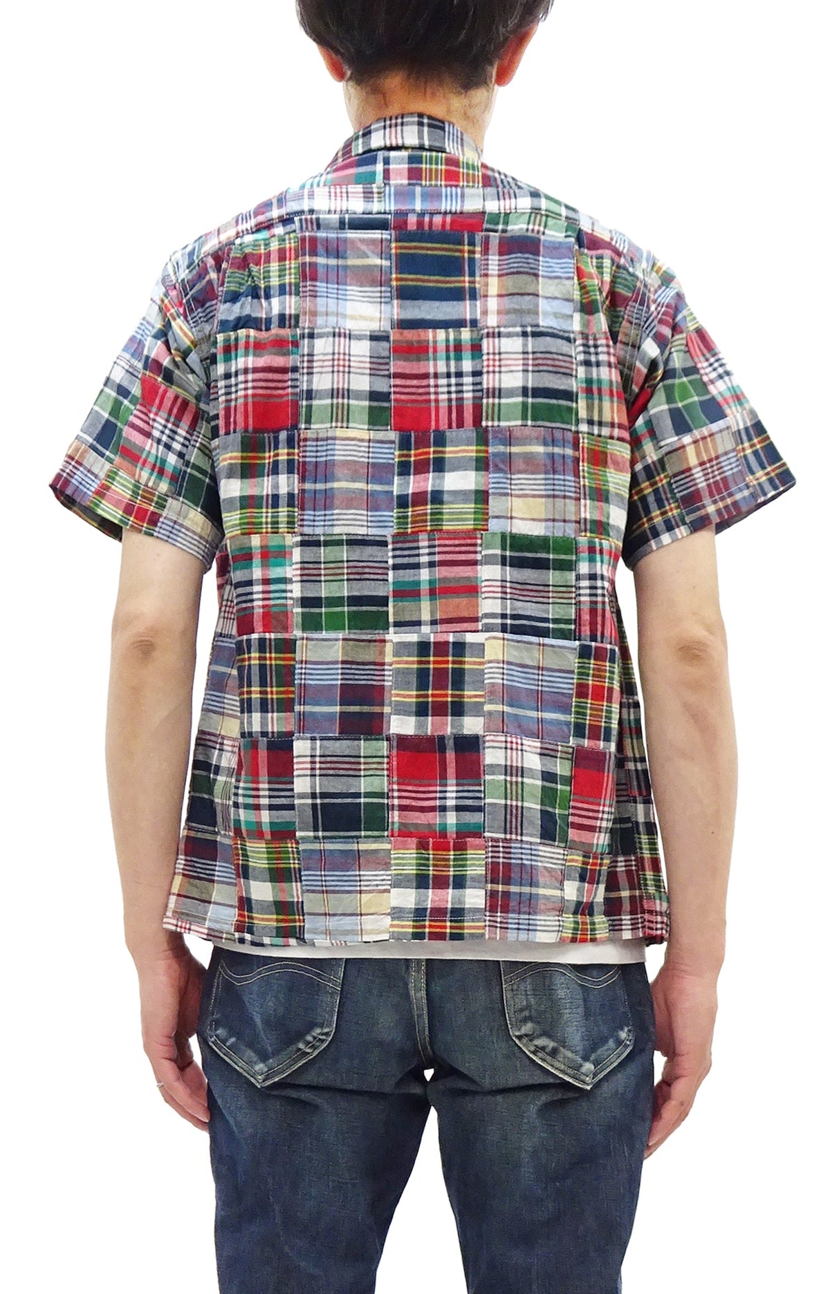 Sugar Cane Men's Madras Plaid Patchwork Open-Collar Camp Shirt - Short Sleeve - One Wash - Made in Japan (SC39739 165 Red)
