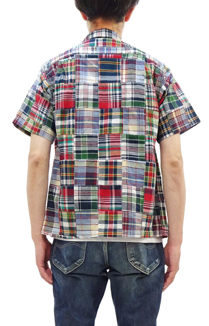 Sugar Cane Men's Madras Plaid Patchwork Open-Collar Camp Shirt - Short Sleeve - One Wash - Made in Japan (SC39739 165 Red)