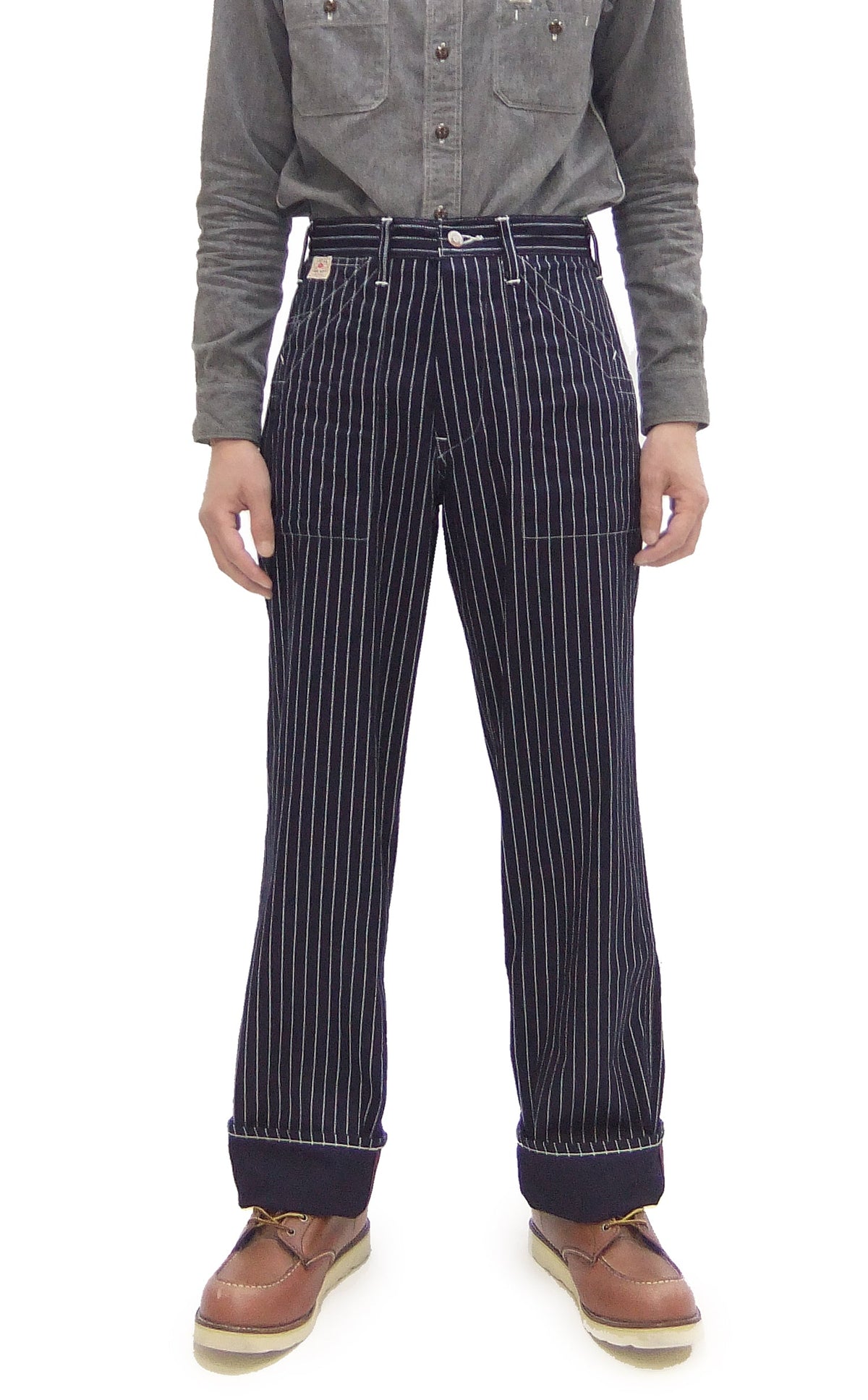 Sugar Cane Wabash Stripe Engineer Pants - Relaxed Straight Fit / Button Fly - Men's Casual 9 Oz. Railway Work Trousers Work Pants SC40786 Indigo-Navy One-Wash