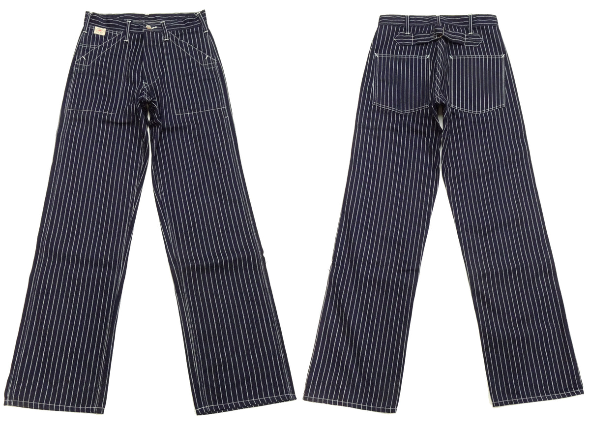 Sugar Cane Wabash Stripe Engineer Pants - Relaxed Straight Fit / Button Fly - Men's Casual 9 Oz. Railway Work Trousers Work Pants SC40786 Indigo-Navy One-Wash