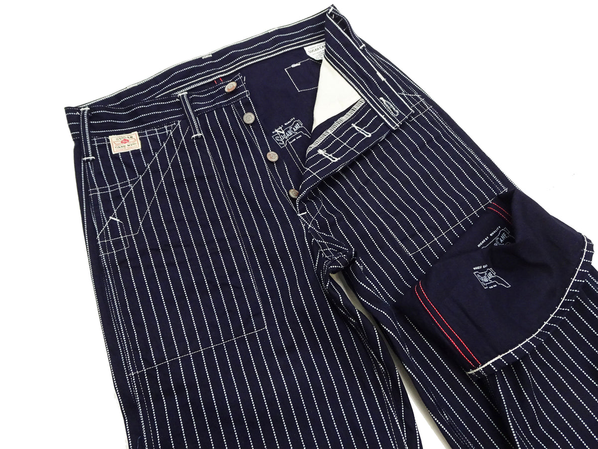 Sugar Cane Wabash Stripe Engineer Pants - Relaxed Straight Fit / Button Fly - Men's Casual 9 Oz. Railway Work Trousers Work Pants SC40786 Indigo-Navy One-Wash