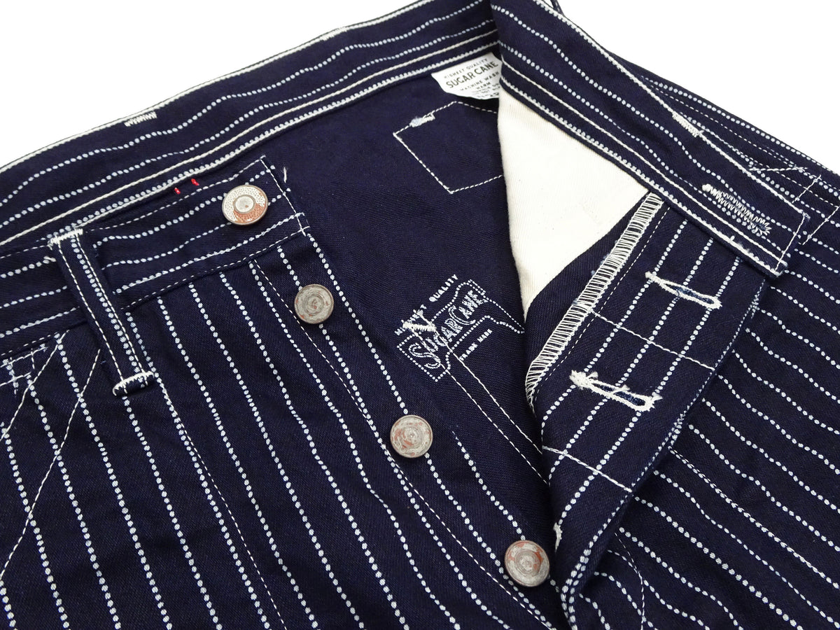 Sugar Cane Wabash Stripe Engineer Pants - Relaxed Straight Fit / Button Fly - Men's Casual 9 Oz. Railway Work Trousers Work Pants SC40786 Indigo-Navy One-Wash