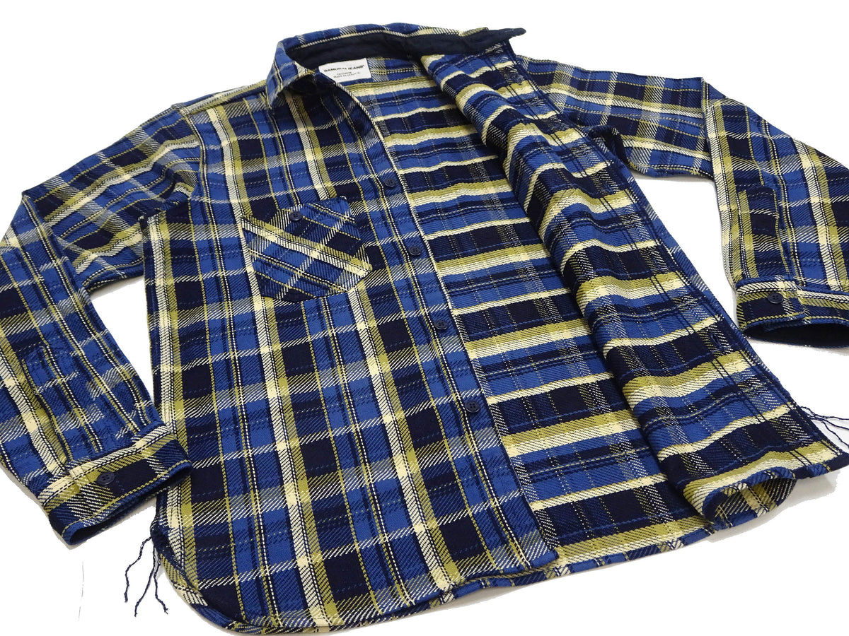 Samurai Jeans Indigo Plaid Flannel Shirt Men's Heavyweight Long Sleeve Button Up Work Shirt SIN23-01 Indigo/Blue Plaid