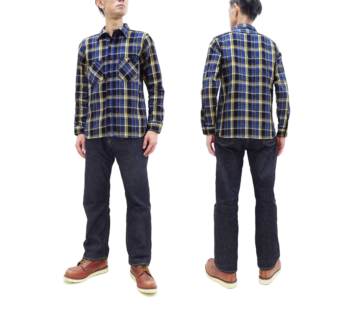 Samurai Jeans Indigo Plaid Flannel Shirt Men's Heavyweight Long Sleeve Button Up Work Shirt SIN23-01 Indigo/Blue Plaid