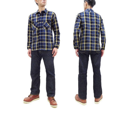 Samurai Jeans Indigo Plaid Flannel Shirt Men's Heavyweight Long Sleeve Button Up Work Shirt SIN23-01 Indigo/Blue Plaid