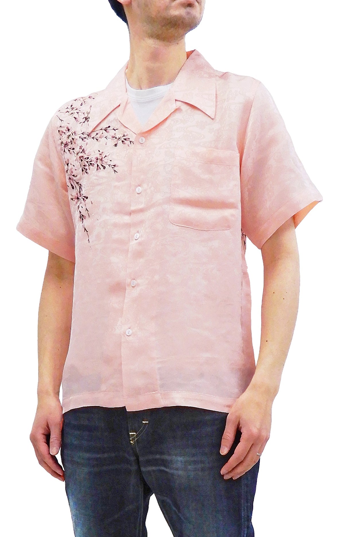 Hanatabi Gakudan Men's S/S Jacquard Shirt with Japanese Art Embroidery SS-001 Pink