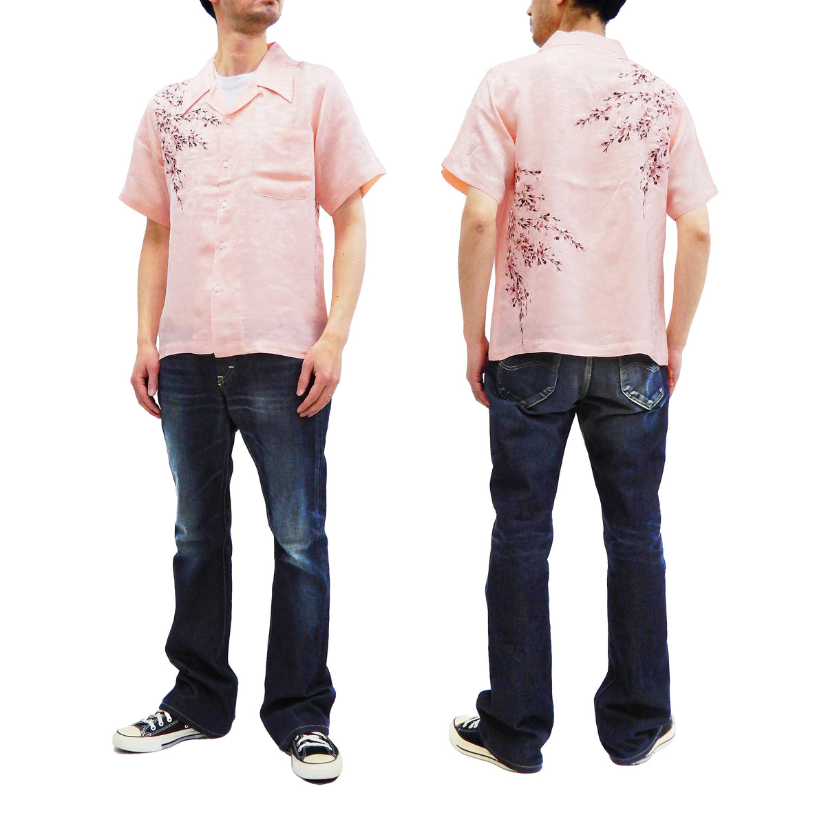 Hanatabi Gakudan Men's S/S Jacquard Shirt with Japanese Art Embroidery SS-001 Pink