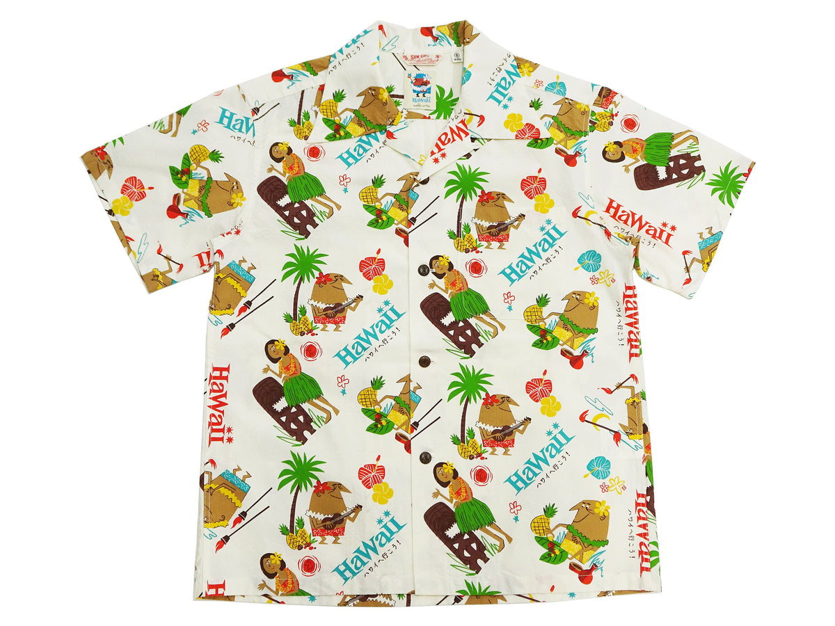 Sun Surf Men's Cotton Hawaiian Shirt - Uncle Torys Graphic Design - Short-Sleeve Aloha Shirt "TRIP TO HAWAII" SS39537 105 Off-White