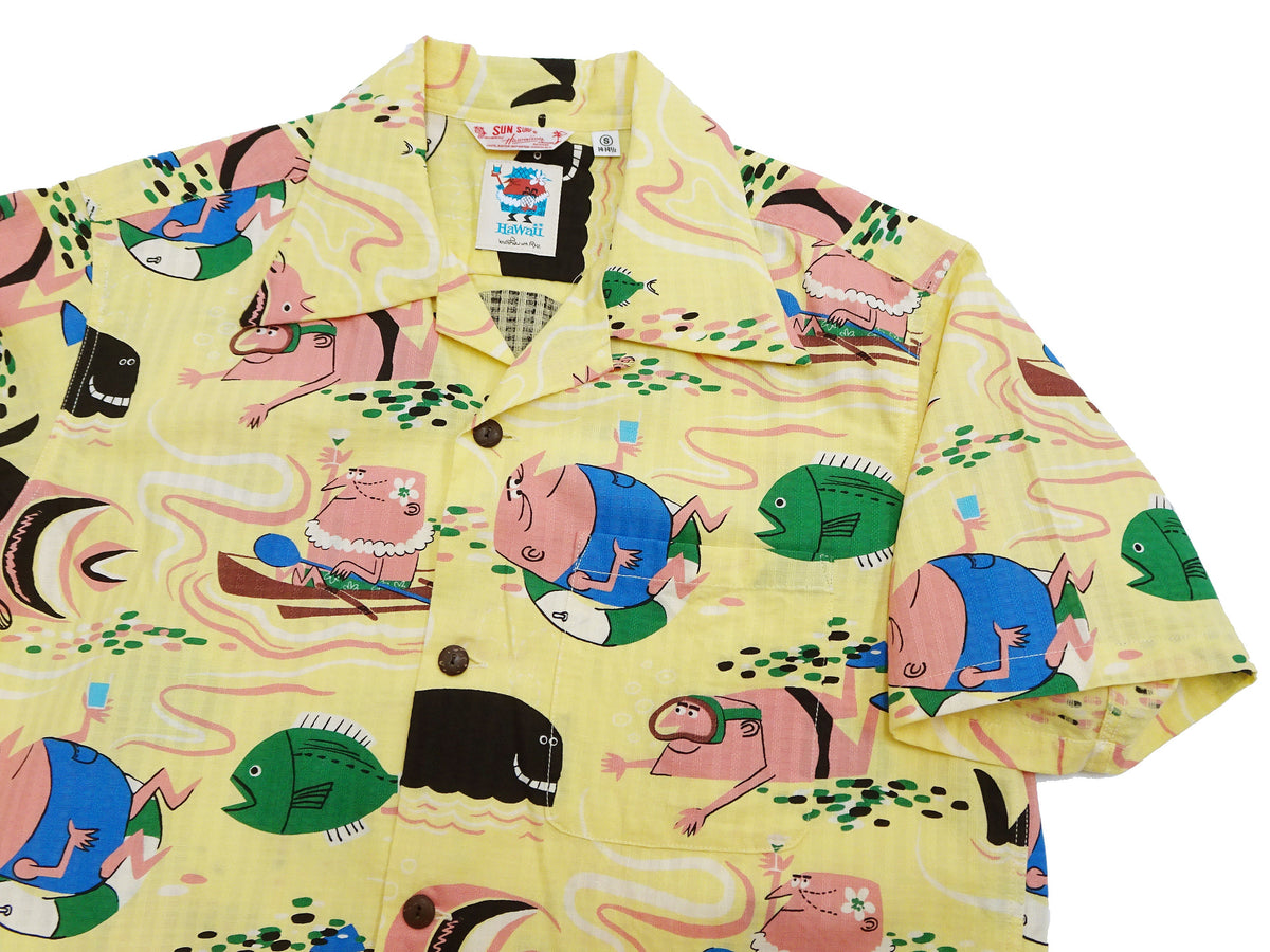 Sun Surf Men's Cotton Hawaiian Shirt - Uncle Torys Graphic Design - Short-Sleeve Aloha Shirt "Ocean Activities" SS39538 155 Yellow