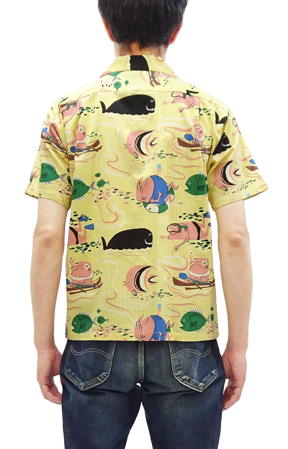 Sun Surf Men's Cotton Hawaiian Shirt - Uncle Torys Graphic Design - Short-Sleeve Aloha Shirt "Ocean Activities" SS39538 155 Yellow